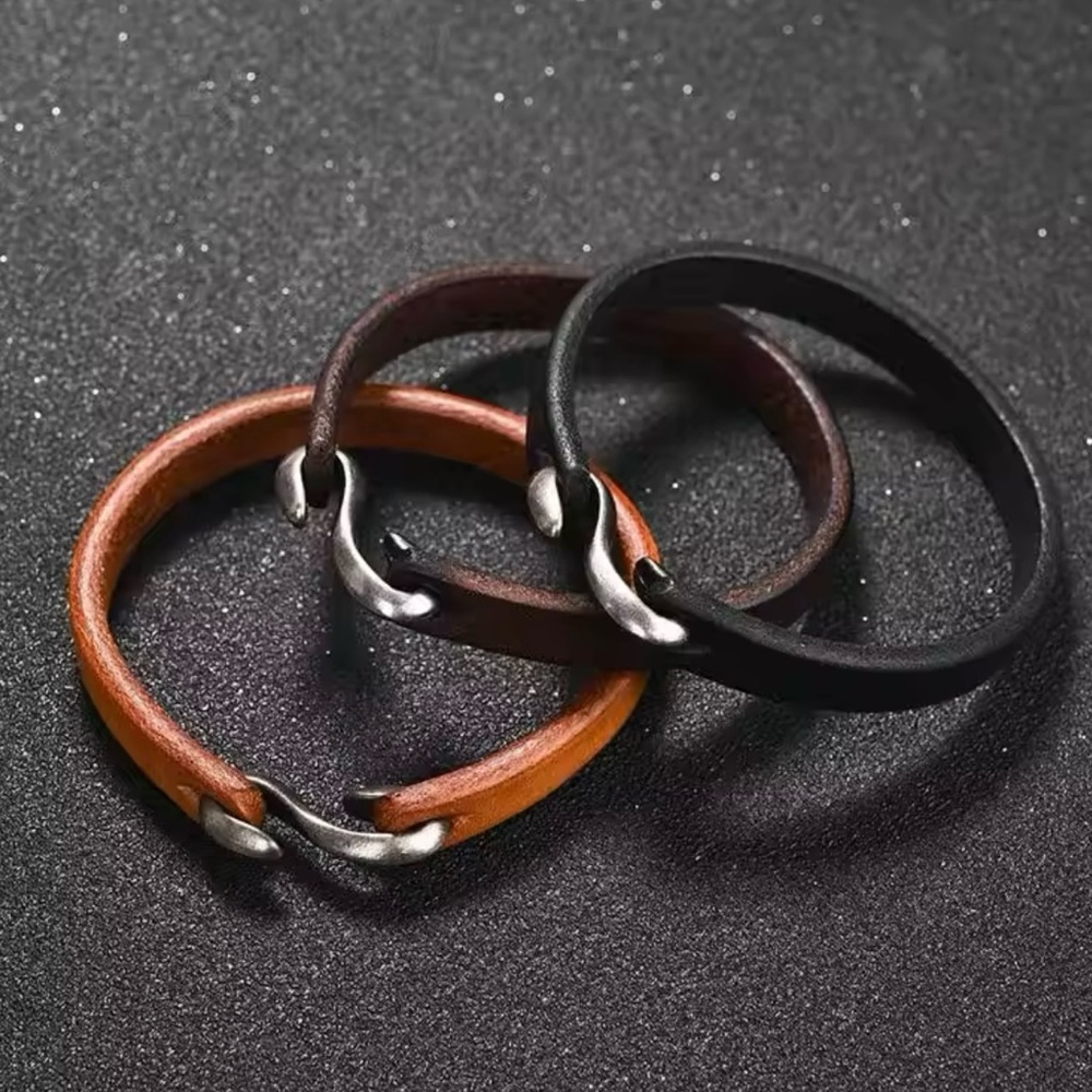 Men Bracelet Leather Bangle Retro Black Bracelet 7.9”